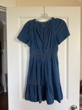 Anthropologie Blue Denim Short Sleeve Smocked Dress xxs